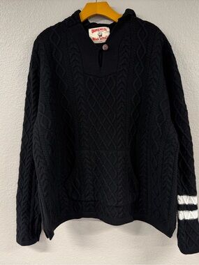 Vintage Birdwell Beach Britches Black Hooded Sweater Baja Fisherman Cable Knit